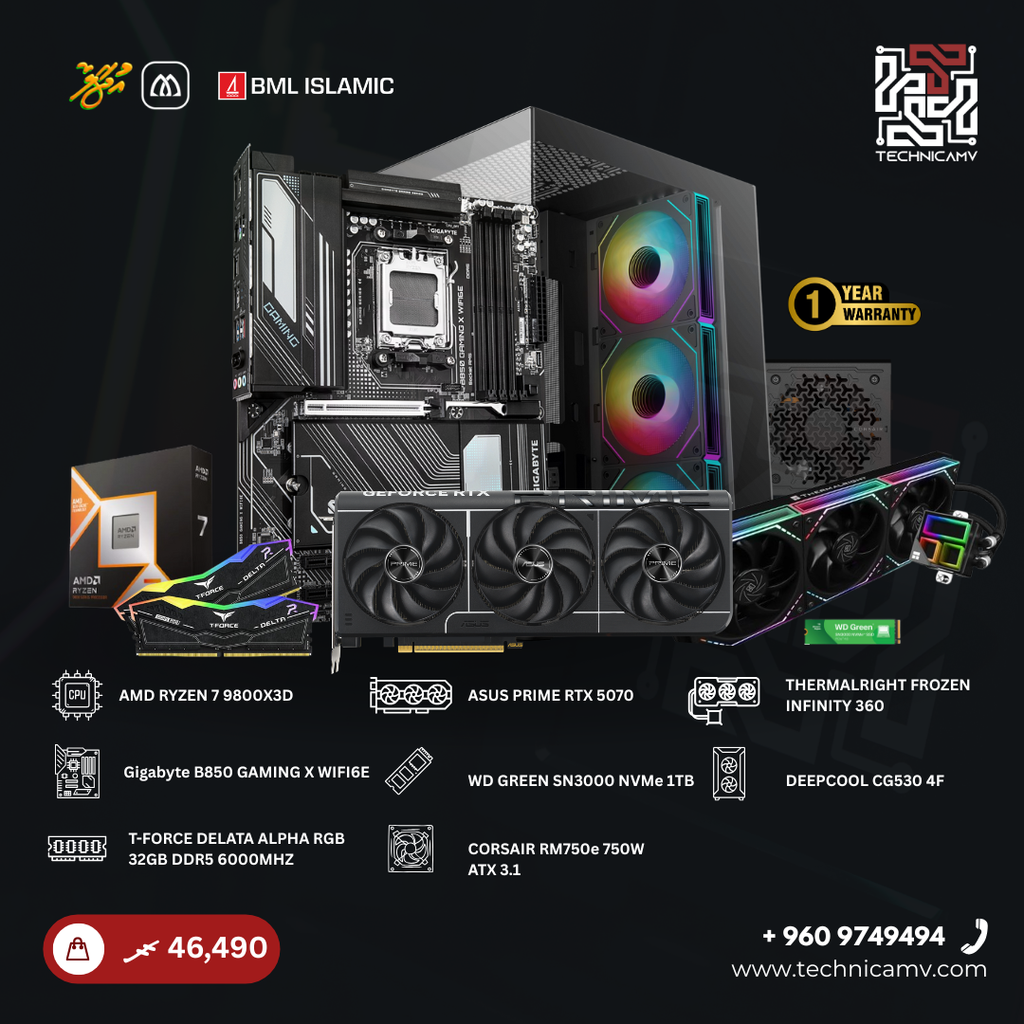 Custom Built PC – AMD Ryzen 7 9800X3D, RTX 5070, 32GB DDR5, 1TB NVMe, Liquid Cooled