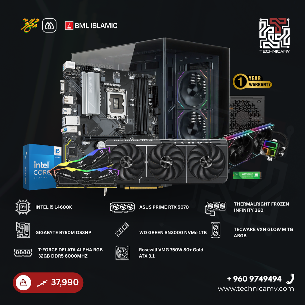 Custom Built PC – Intel Core i5-14600K, RTX 5070, 32GB DDR5, 1TB NVMe, Liquid Cooled