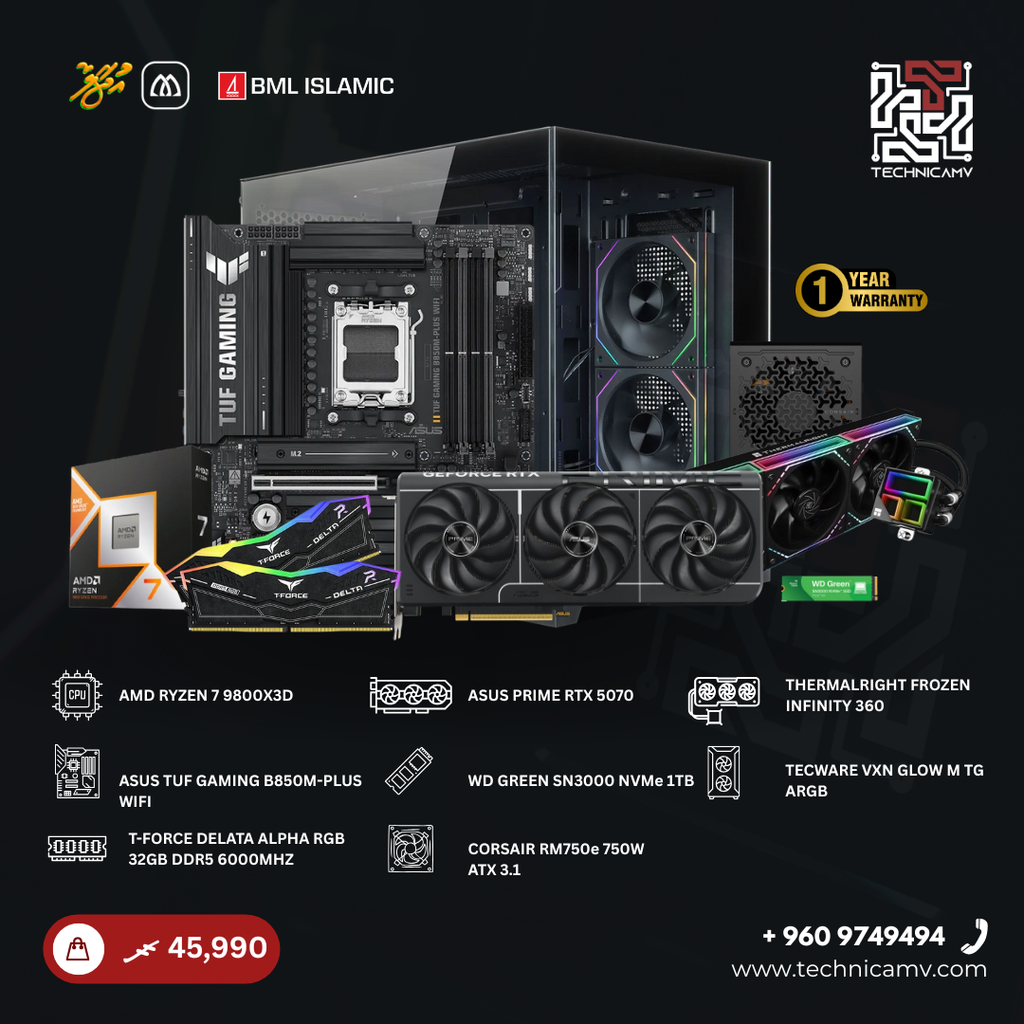 Custom Built PC – AMD Ryzen 7 9800X3D, RTX 5070, 32GB DDR5, 1TB NVMe, Liquid Cooled