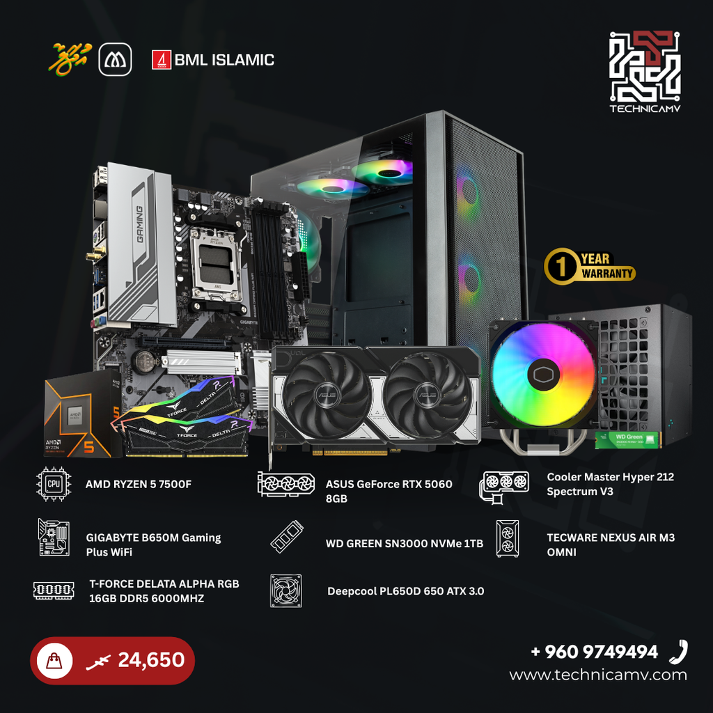 Custom Built PC – AMD Ryzen 5 7500F, RTX 5060, 16GB DDR5, 1TB NVMe, Air Cooled