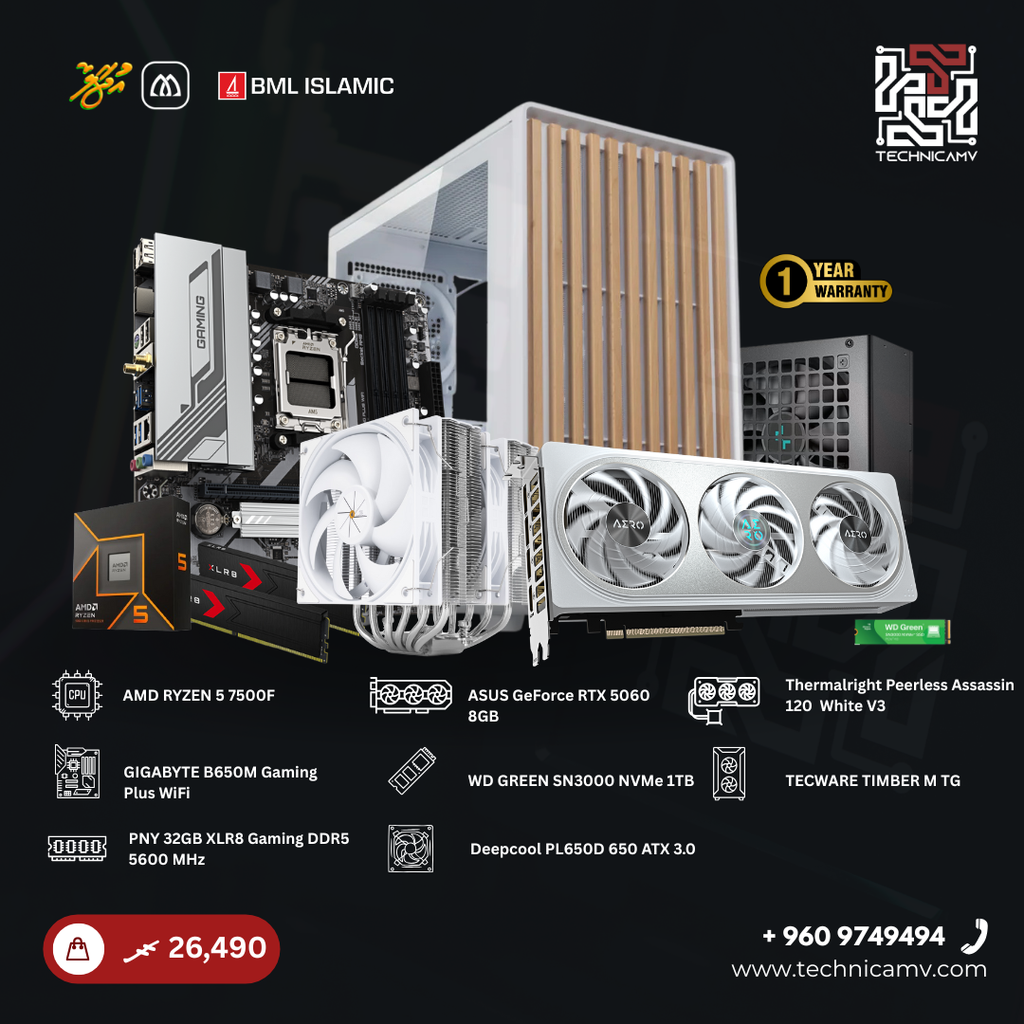 Custom Built PC – AMD Ryzen 5 7500F, RTX 5060, 32GB DDR5, 1TB NVMe, Air Cooled