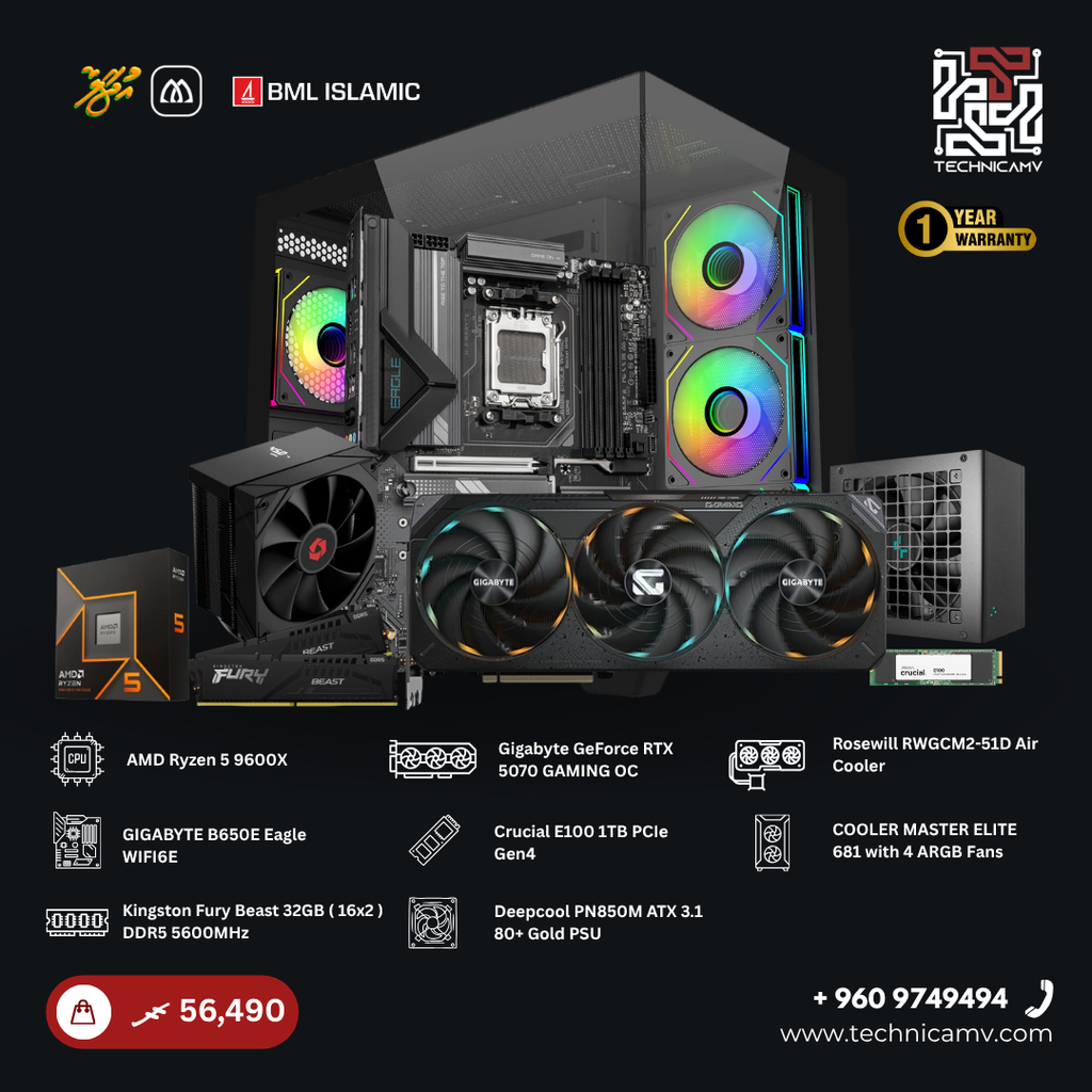 Custom Built PC – AMD Ryzen 5 9600X, RTX 5070, 32GB DDR5, 1TB NVMe, Air Cooled