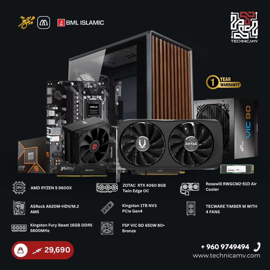 Custom Built PC – AMD Ryzen 5 9600X, RTX 4060, 16GB DDR5, 1TB NVMe, Air Cooled