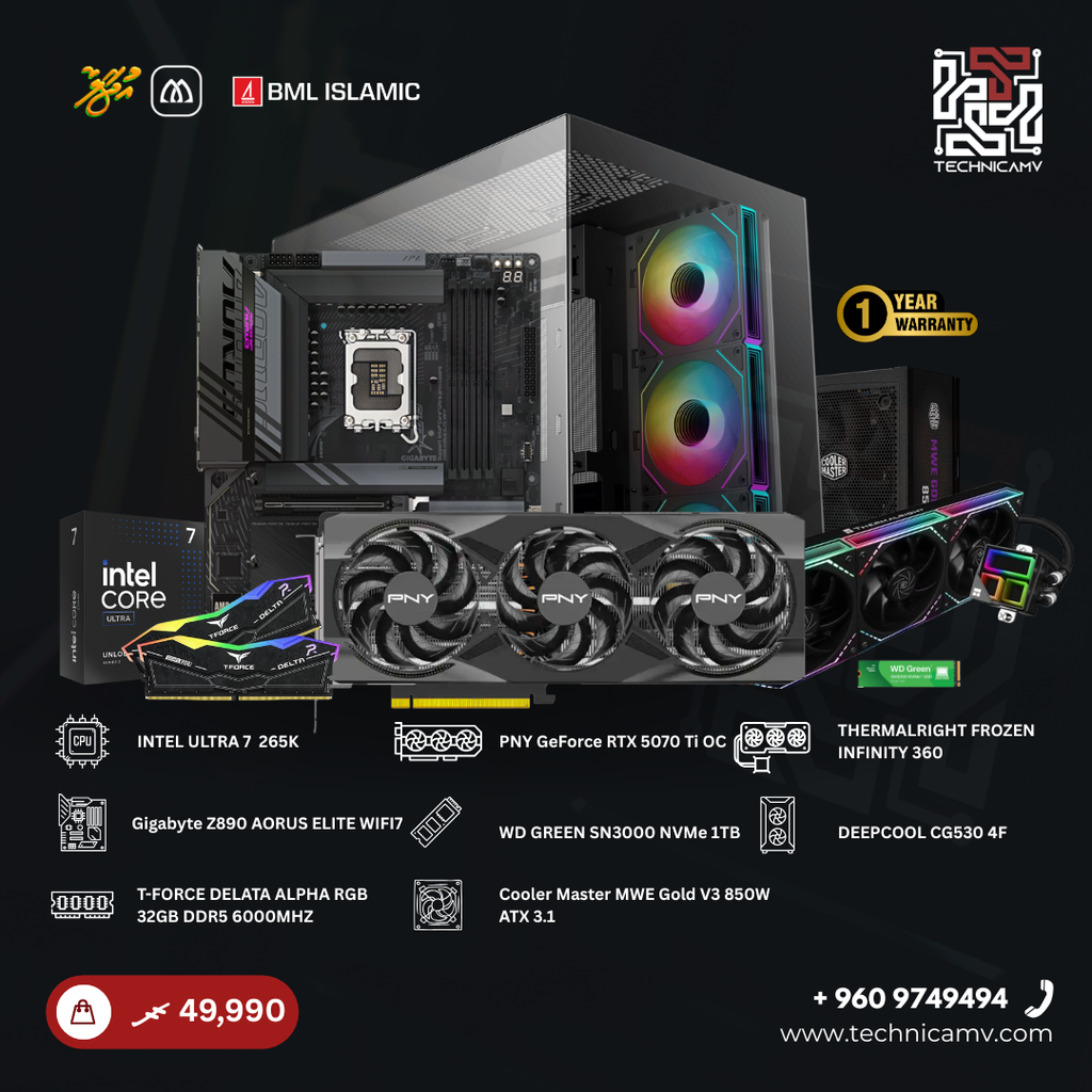 Custom Built PC – Intel Core Ultra 7 265K, RTX 5070 Ti OC, 32GB DDR5, 1TB NVMe, Liquid Cooled
