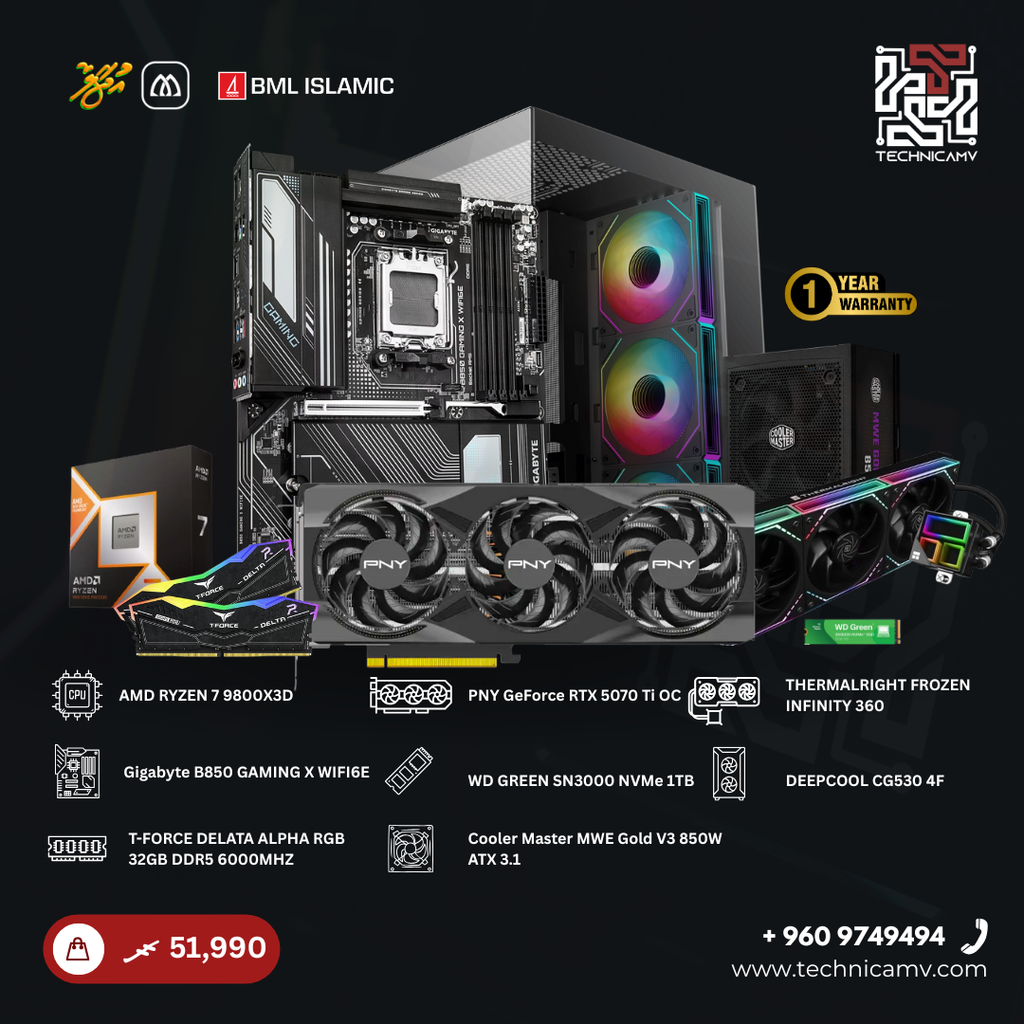 Custom Built PC – AMD Ryzen 7 9800X3D, RTX 5070 Ti, 32GB DDR5, 1TB NVMe, Liquid Cooled