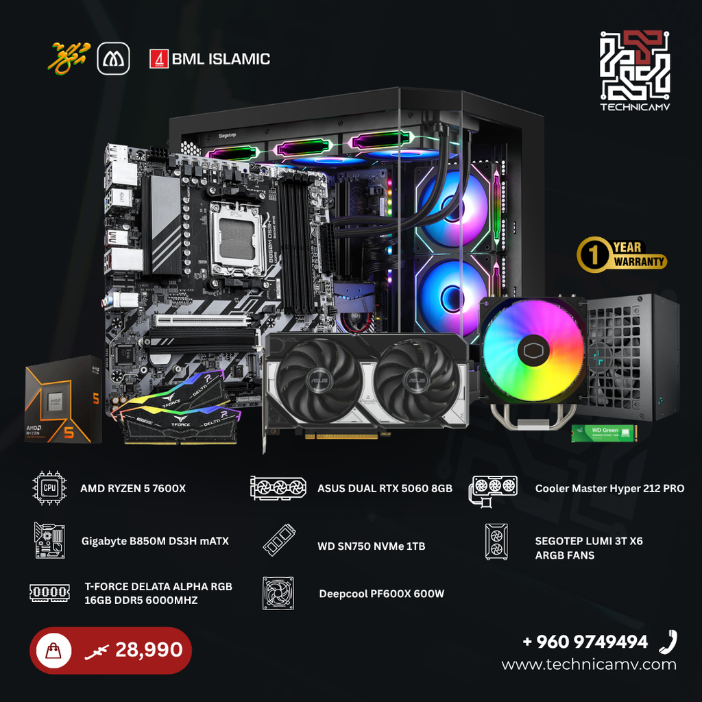 Custom Built PC – AMD Ryzen 5 7600X, RTX 5060, 16GB DDR5, 1TB NVMe, Air Cooled