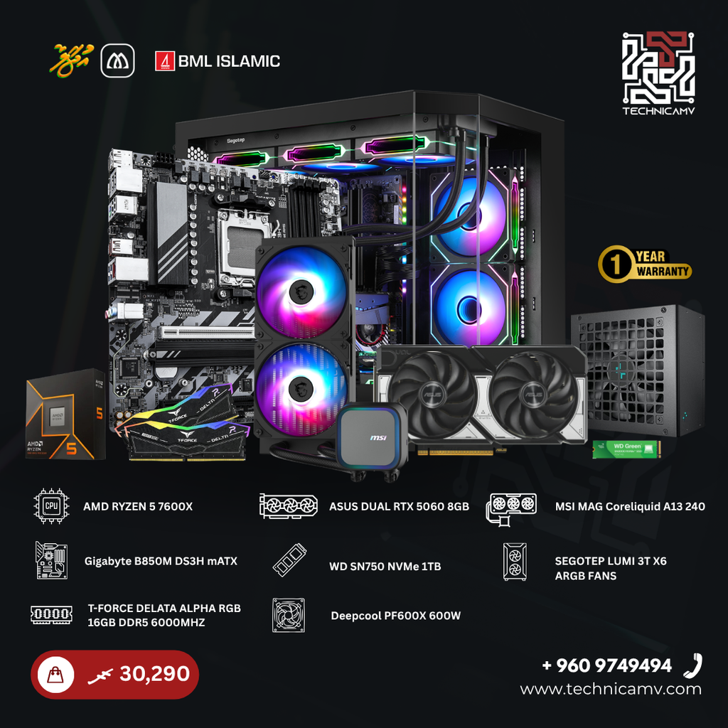 Custom Built PC – AMD Ryzen 5 7600X, RTX 5060, 16GB DDR5, 1TB NVMe, Liquid Cooled