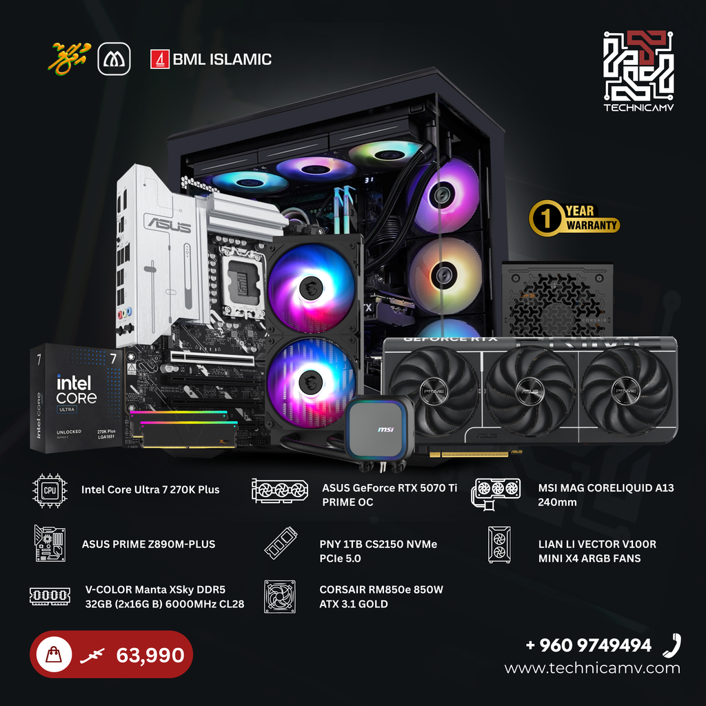Custom Built PC – Intel Core Ultra 7 270K Plus, RTX 5070Ti, 32GB DDR5, 1TB NVMe, Liquid Cooled