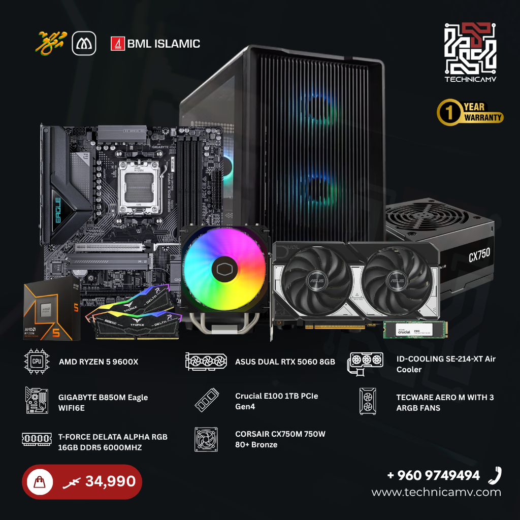 Custom Built PC – AMD Ryzen 5 9600X, RTX 5060, 16GB DDR5, 1TB NVMe, Air Cooled