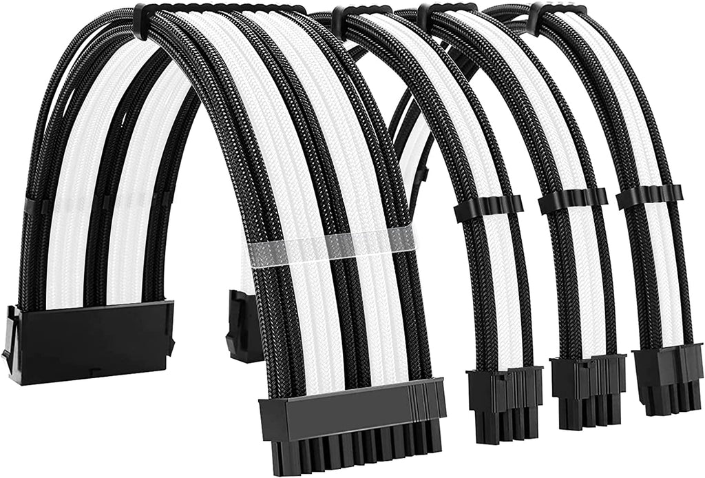 Black & White Sleeved Cables 30CM PSU Extension Cable Kit